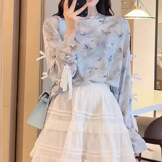 5096大码女装防晒圆领蝴蝶结印花长袖T恤+半裙