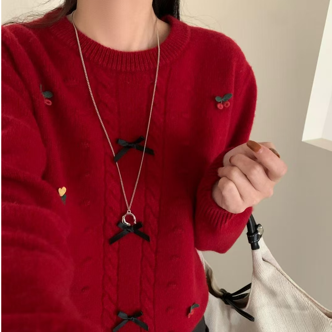 【可儿家】针织羊毛衫复古红色绞花羊毛开衫时尚宽松韩版长袖百搭