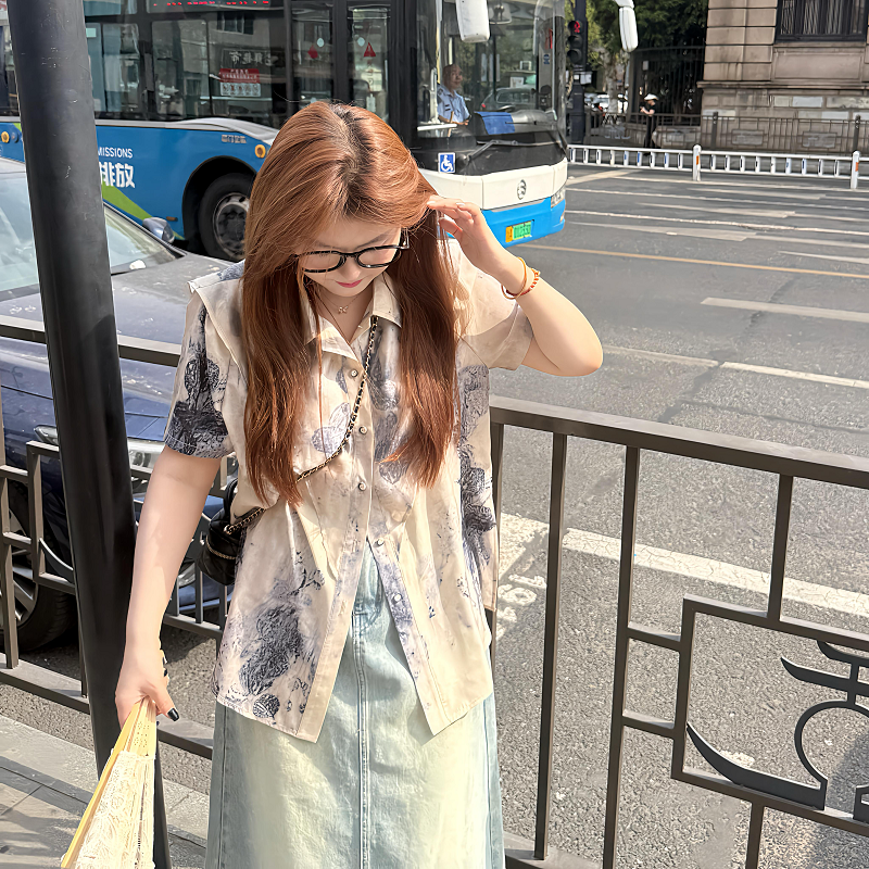 南岛风大码女装国风水墨画短袖衬衫胖mm夏季宽松显瘦上衣ZYY1663