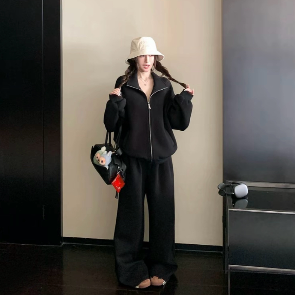 空气层加绒加厚休闲运动套装2025秋冬新款韩系立领卫衣卫裤两件套