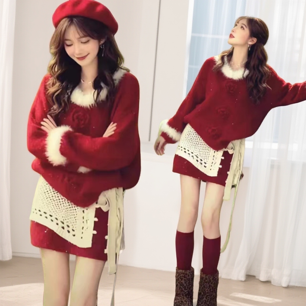 2025冬季新年氛围感毛袖上衣+半裙两件套1888*针织屁帘8881-1*