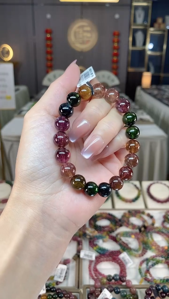 未镶嵌冰透净体老矿碧玺彩虹单圈手串10mm+碧玺hon多样性发一条