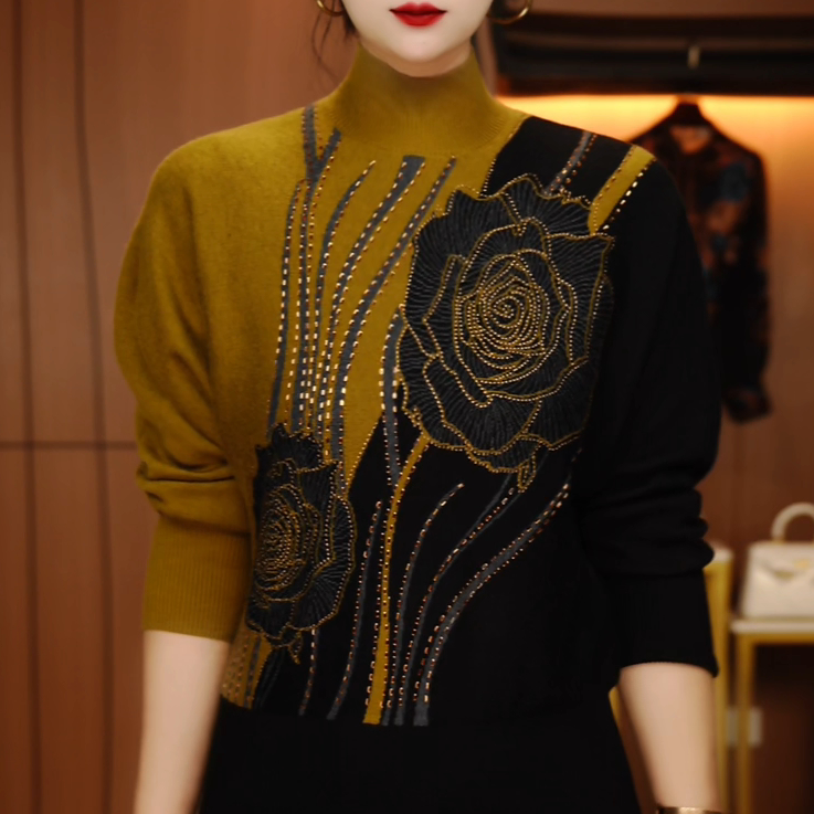 秋冬新款百搭显瘦减龄舒适透气女针织提花圆领衫上衣-M260027