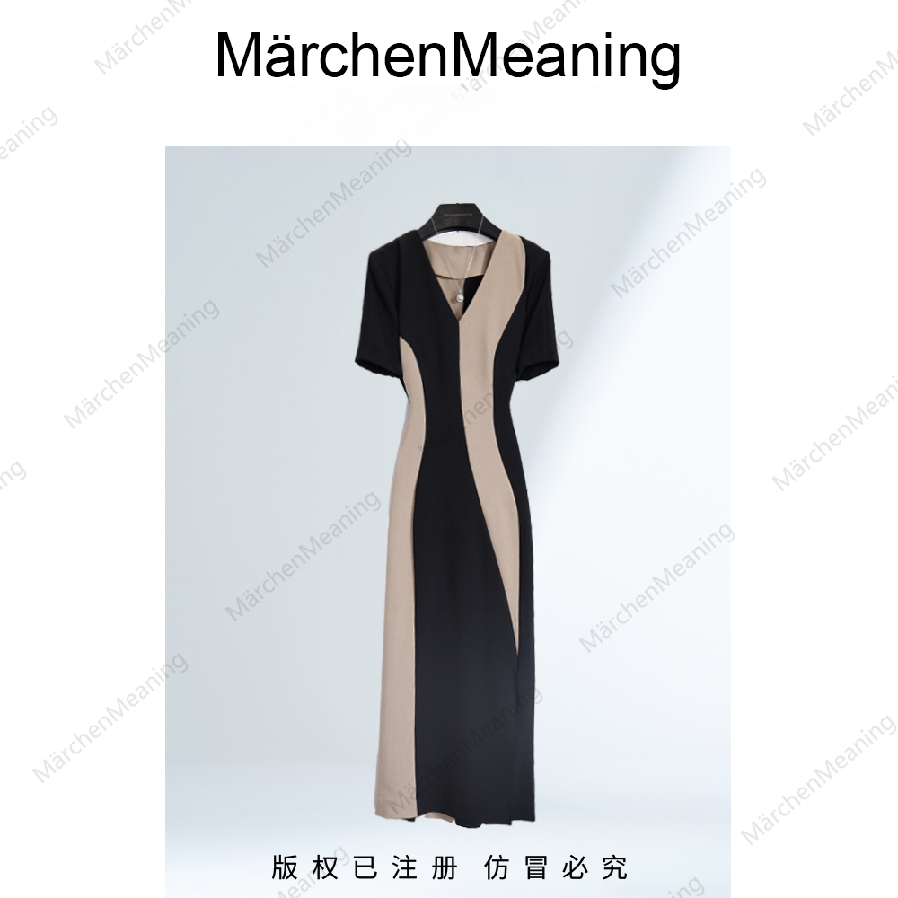 夏季显瘦气质优雅设计师款连衣裙收腰拼色解构高高