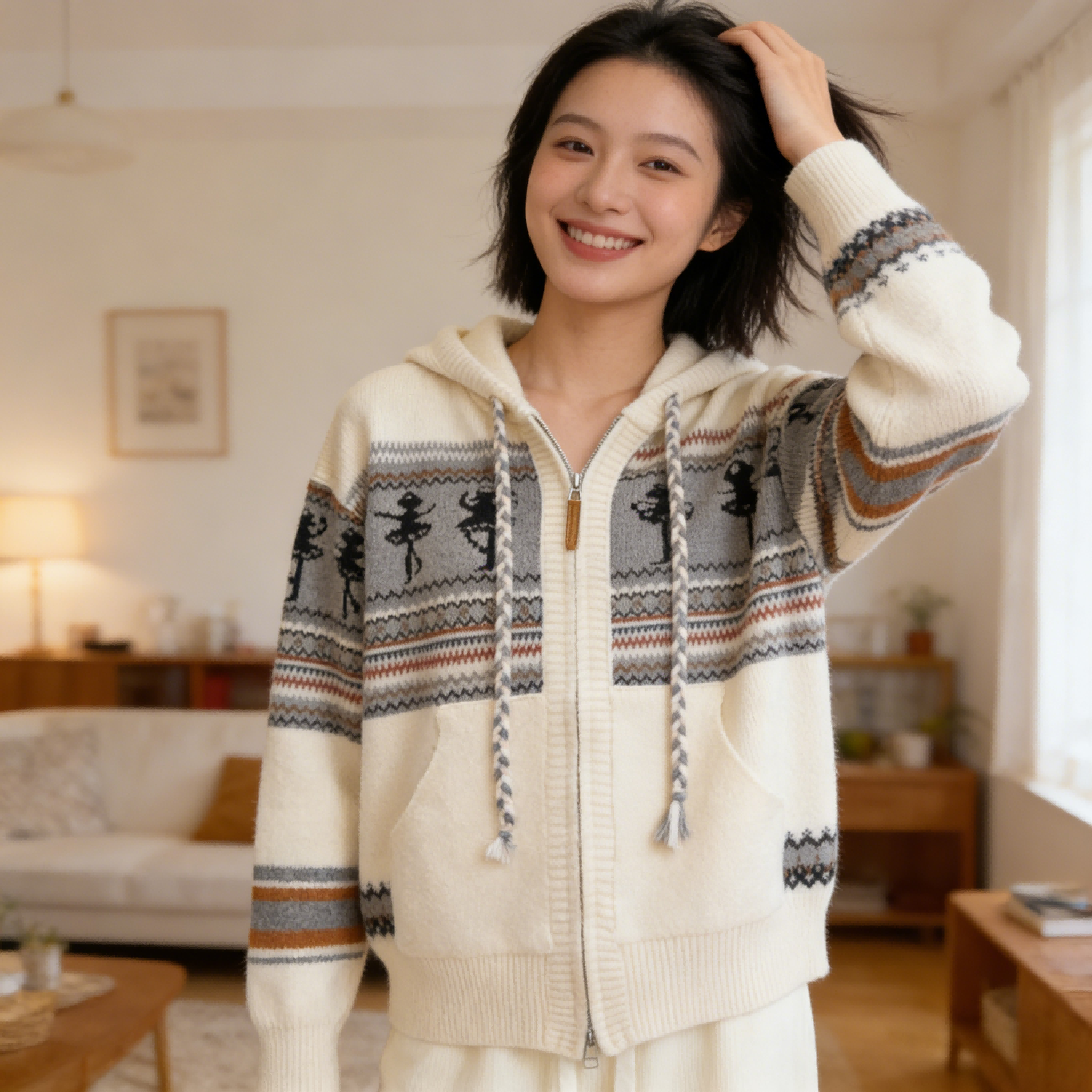 温柔条纹连帽开衫奶白撞灰棕条纹针织拉链外套宽松休闲秋冬慵懒感