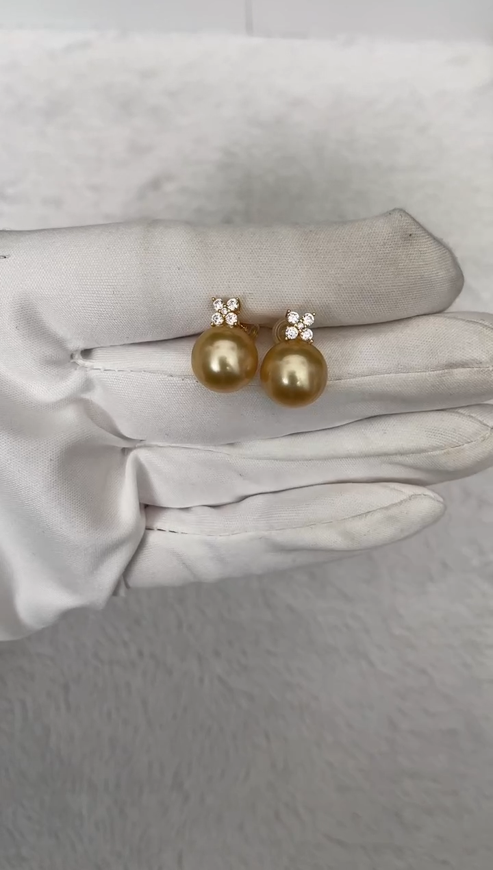 【闪购商品】海水珍珠耳饰银S925镶嵌南洋金珠四叶草款11-12mm