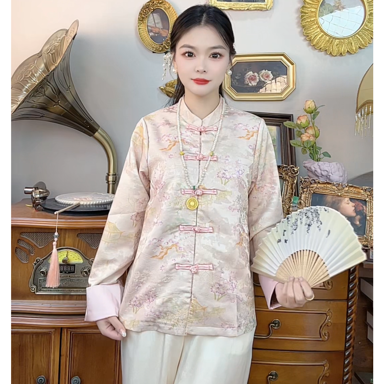 【亭台楼阁】712新中式薄款外套早秋新款提花上衣百搭宽松显瘦减龄
