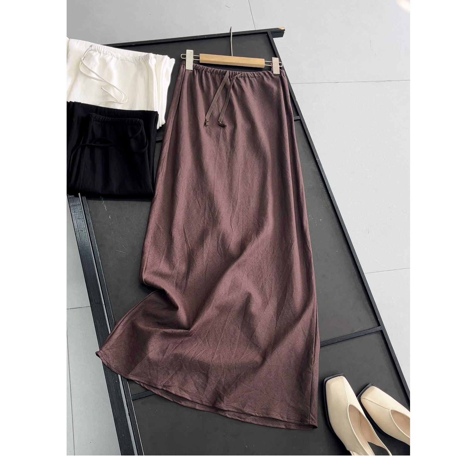 法式休闲纯色松紧腰绑带半身裙长裙女夏百搭外穿亲肤柔软半身裙