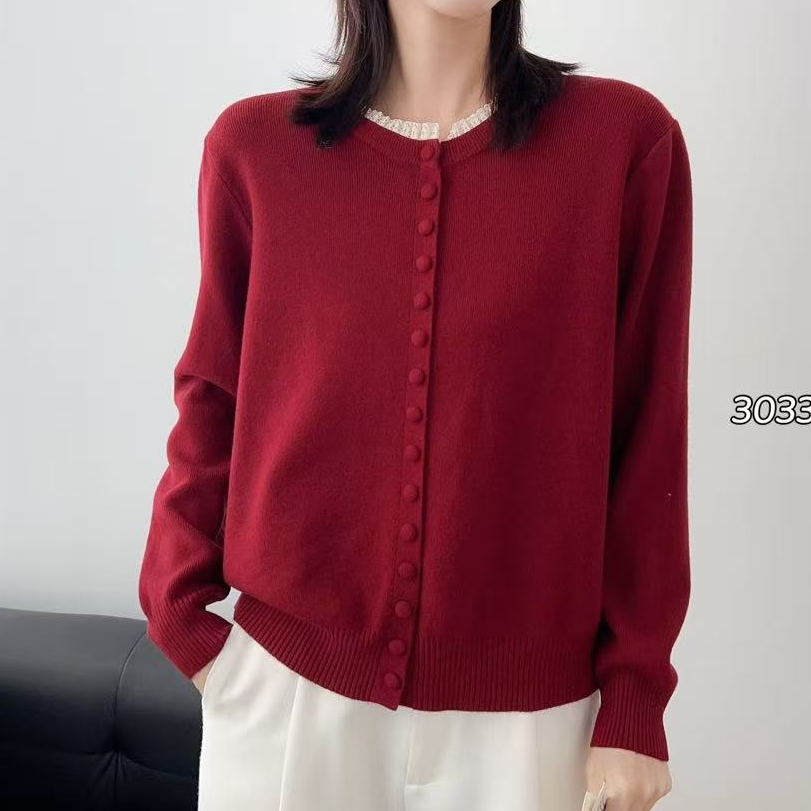 敏子家宽蕾丝边熙335长袖圆领常规针织毛针织衫套头上衣
