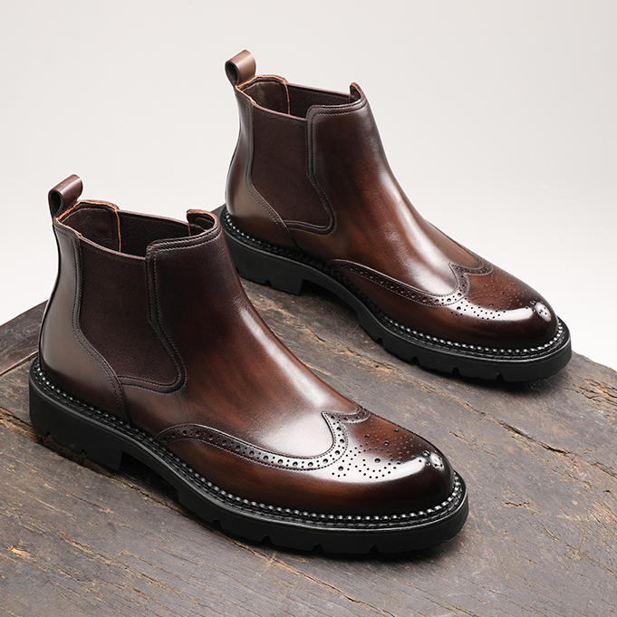 冬季布洛克切尔西靴男男士商务休闲真皮短靴英伦厚底加绒高帮皮鞋