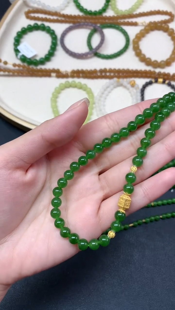 【闪购商品】和田玉珠链18K金镶嵌珠链A5|3380