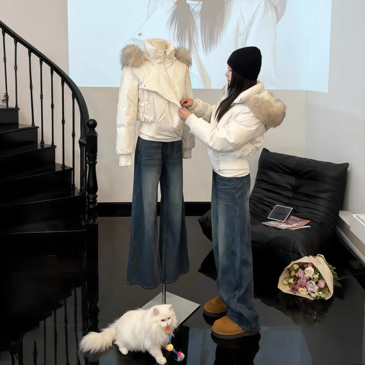 冬季韩系设计感斜门襟2025毛领派克服羽绒棉服女短款棉袄加厚外套