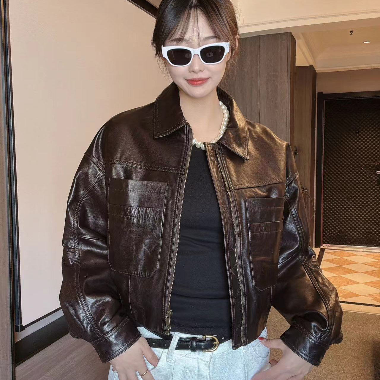 春季新款真皮皮衣女方领短款绵羊皮多口袋油蜡皮机车外套潮JL2606