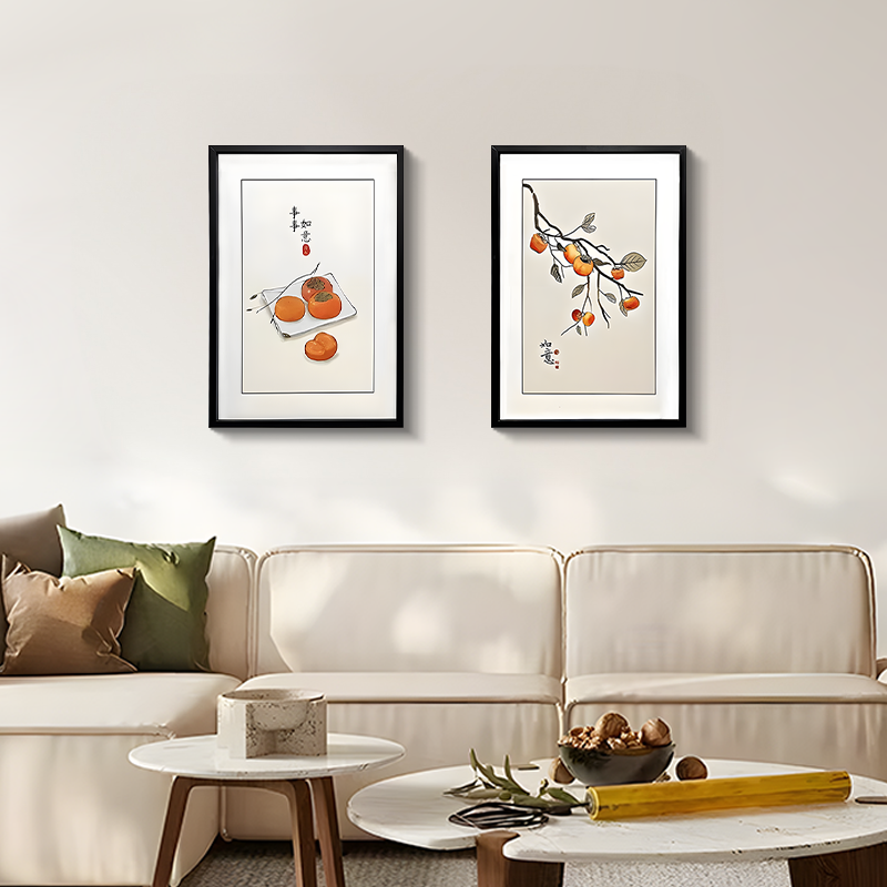 新中式轻奢餐厅装饰画 油画布两联客厅挂画 柿柿如意木框壁画4160