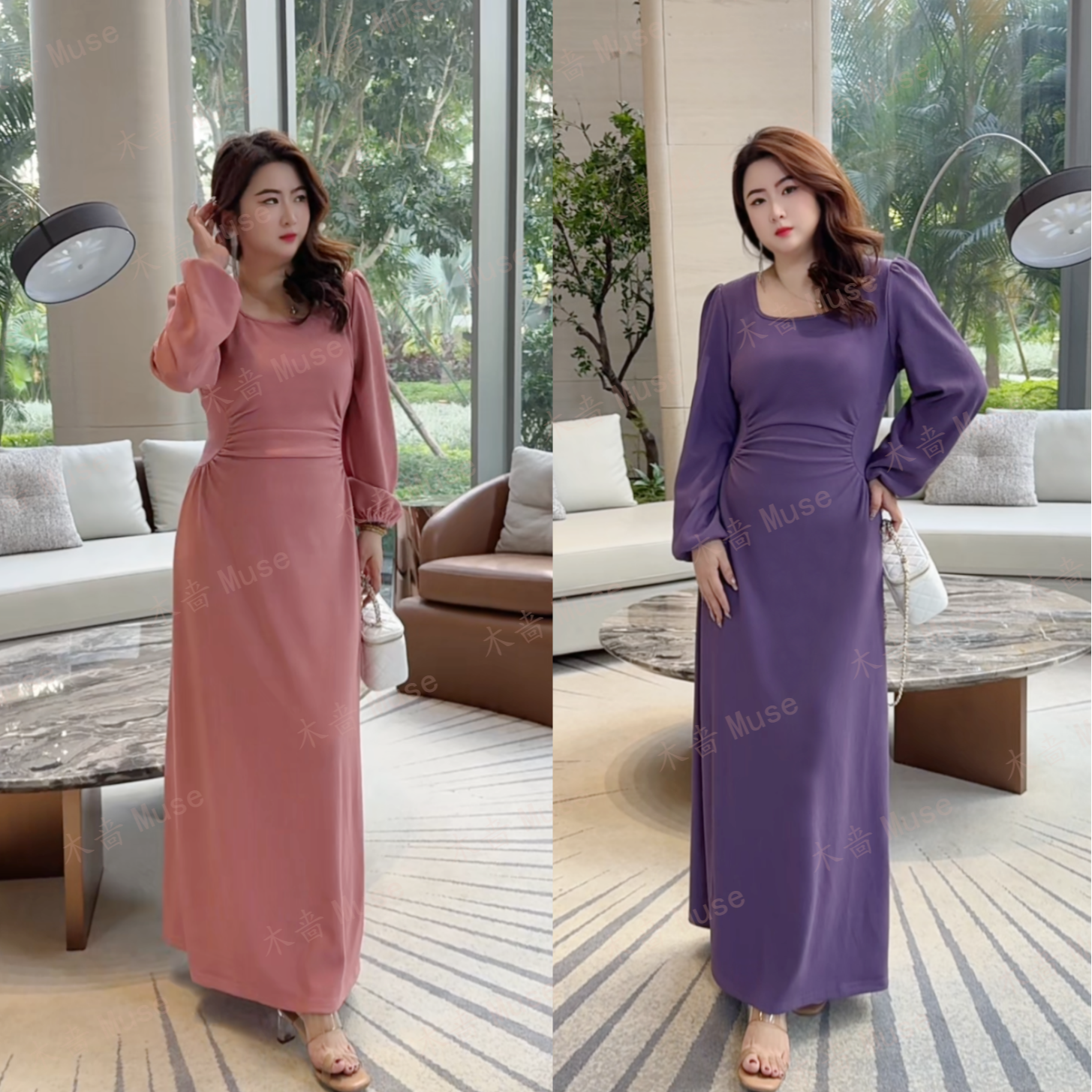 木啬【桃雾】新款方领提花弹力褶皱显瘦气质长袖轻奢打底连衣裙修身