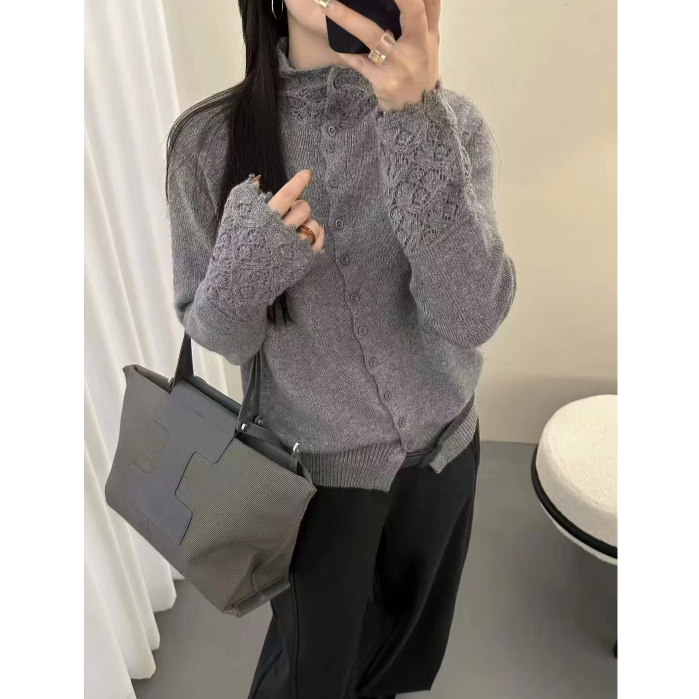 半高领镂空花边袖纯色2025秋冬新款洋气针织开衫打底衫女宽松毛衣