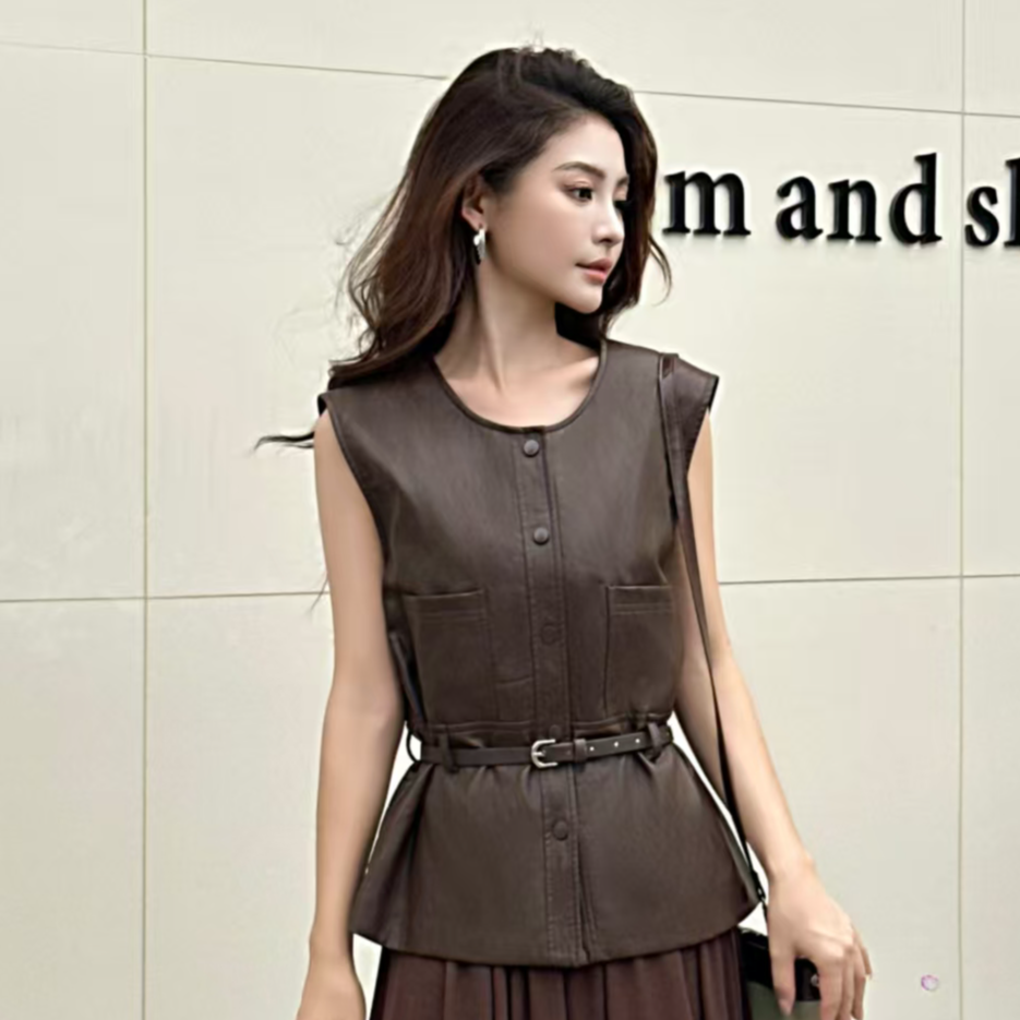 8813*显瘦气质修身型复古港风马夹时尚修身百搭皮马甲【无腰带】