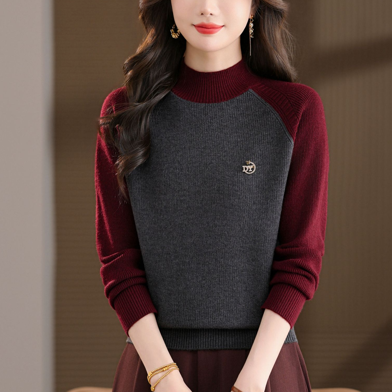 厚款秋冬半高领加厚锁温半高领毛衣保暖发热遮肚拼色宽松打底衫