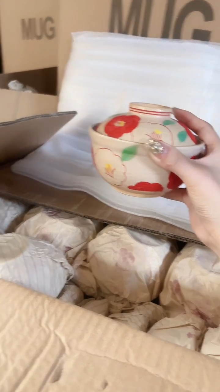 陶瓷濑户烧手绘红盖碗进口一个