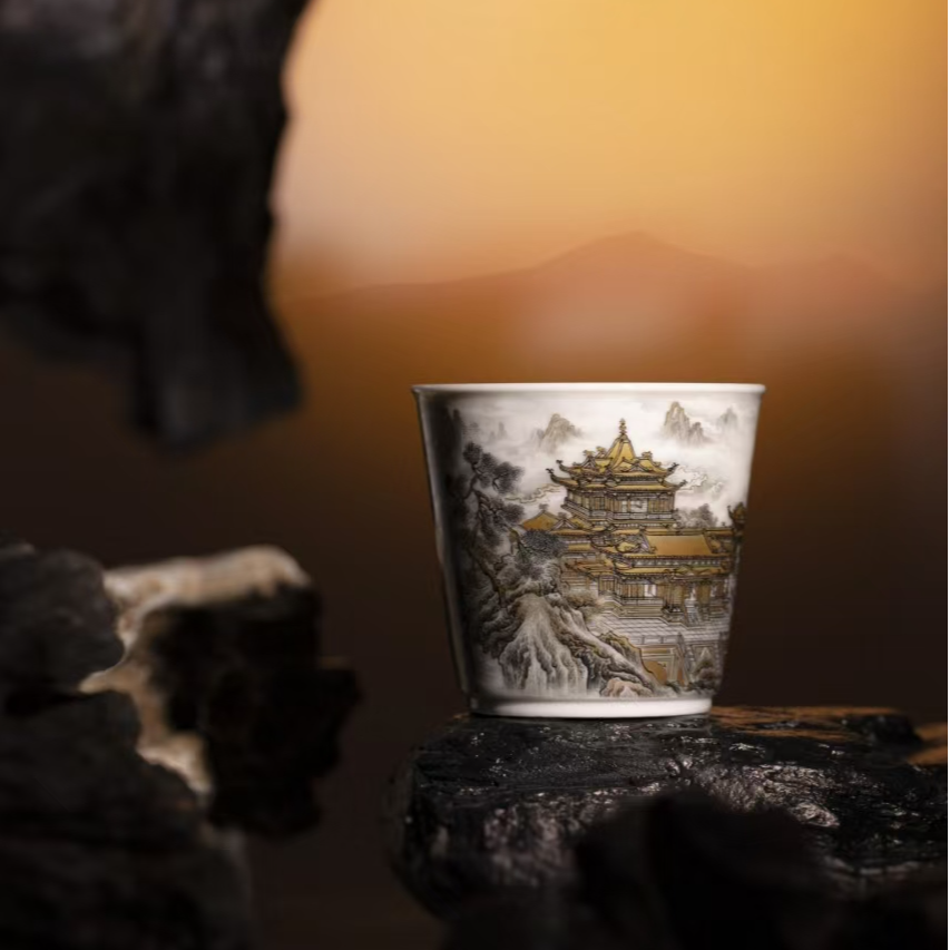 艺林堂齐逍遥山有溟墨彩描金山水楼阁蓬莱仙境陶瓷主人杯冰桶水杯
