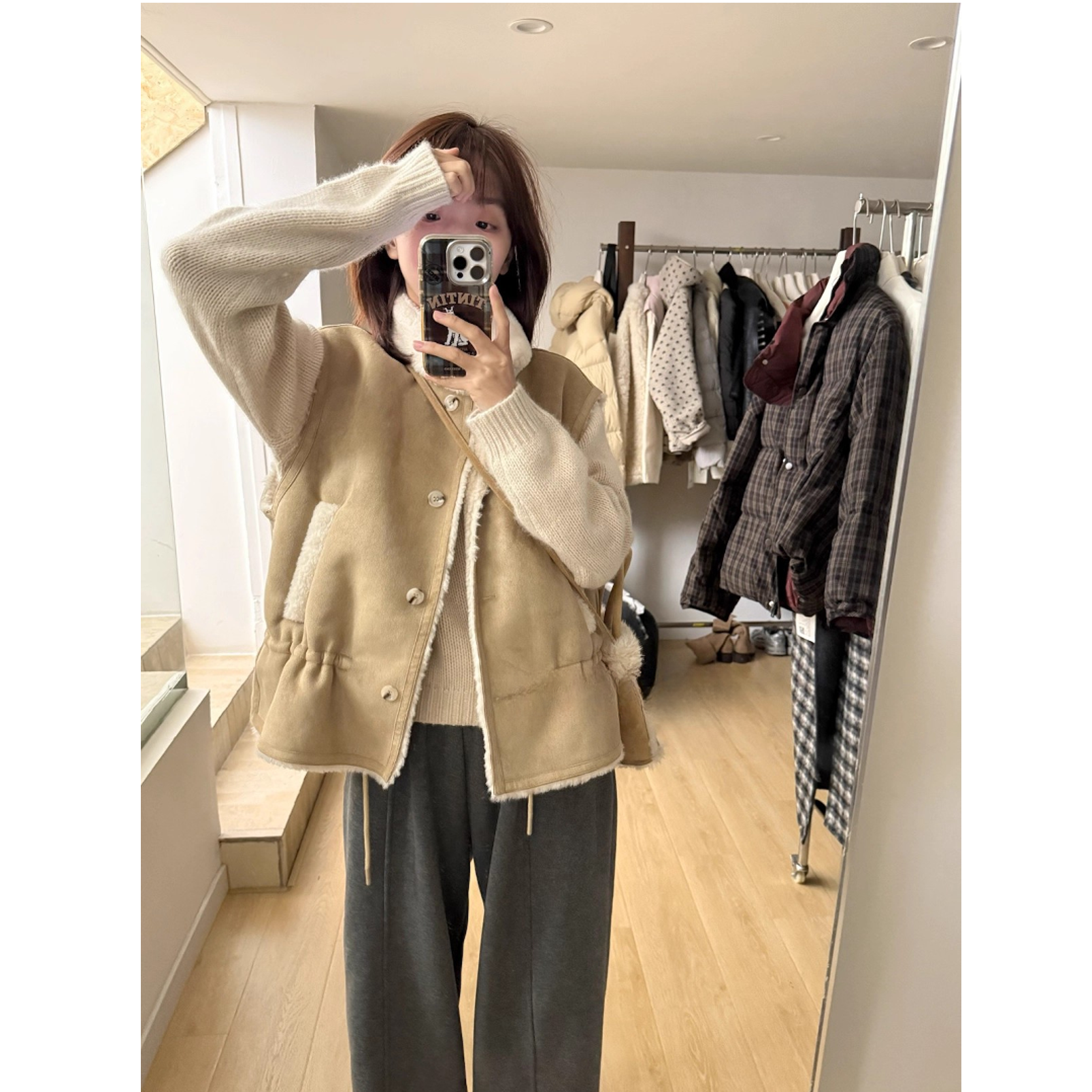 高端货~小可爱收腰麂皮绒马甲女秋冬新款羊羔毛口袋背心外套