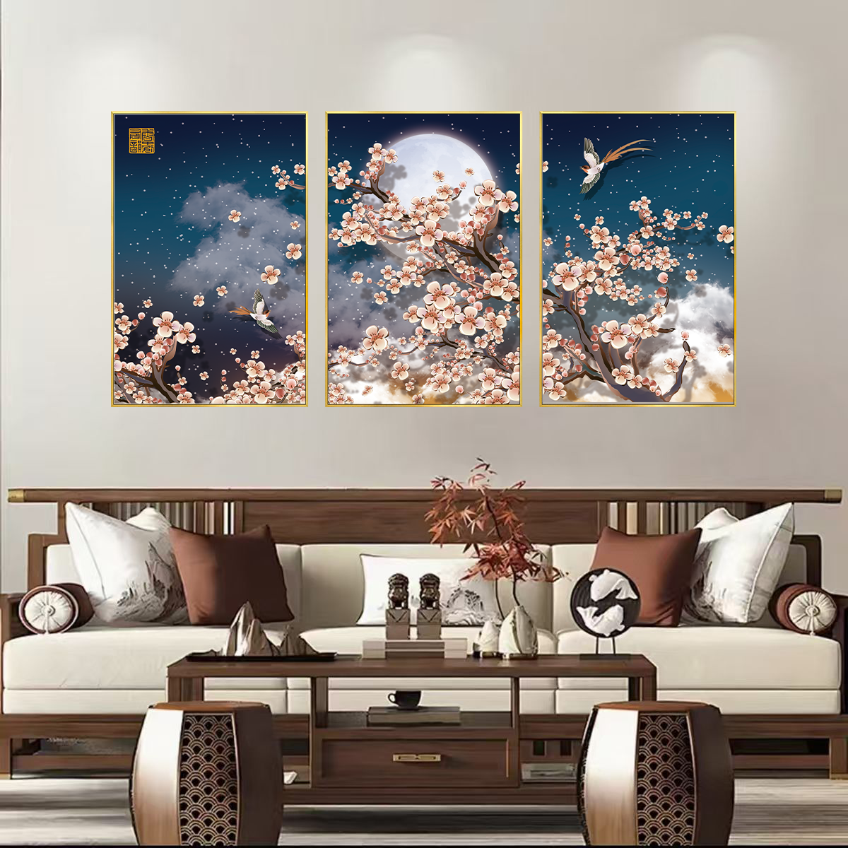 网红家居新中式植物花卉客厅卧室床头沙发背景墙三联装饰画c079
