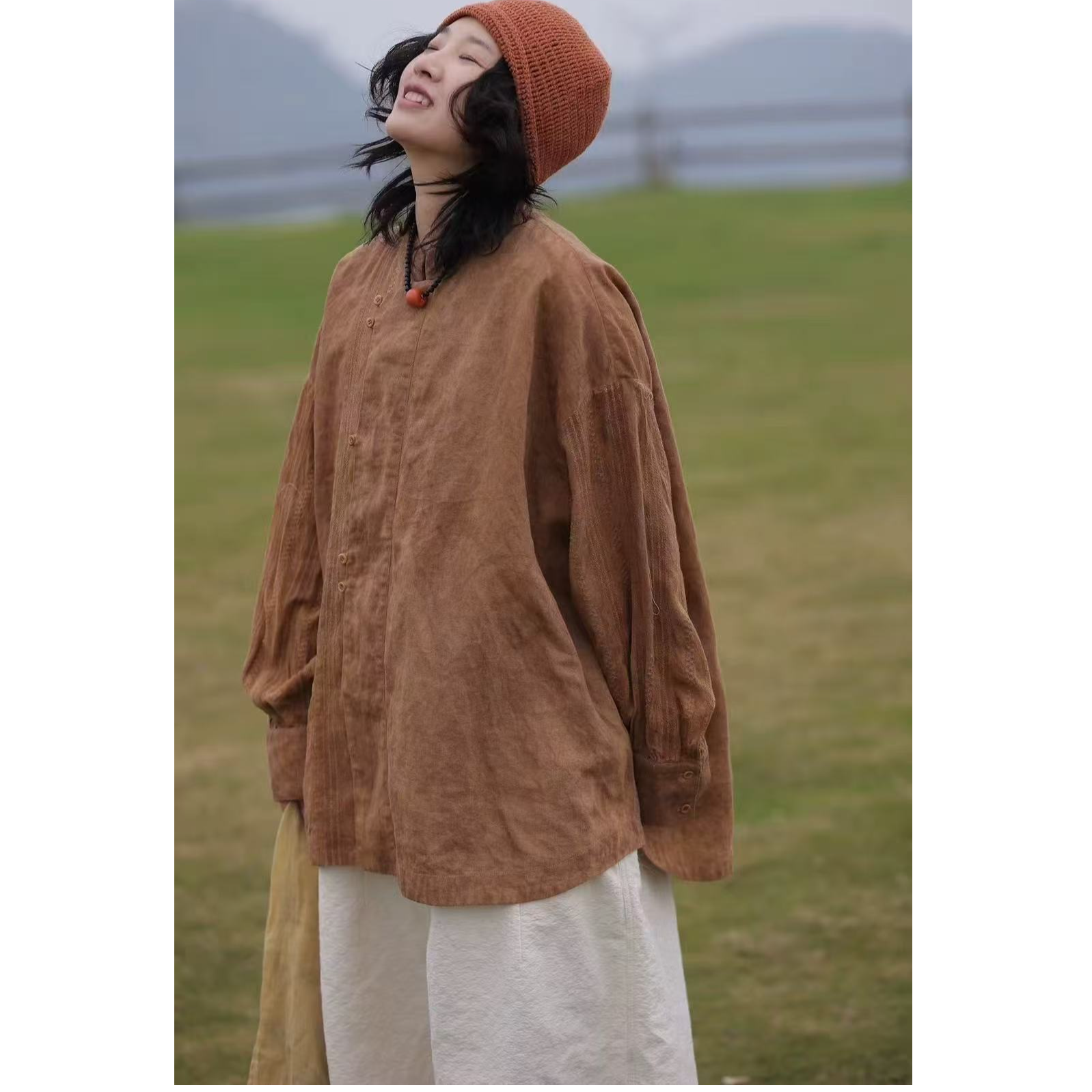 古兰木S3360 2025新款亚麻立领宽松衬衣