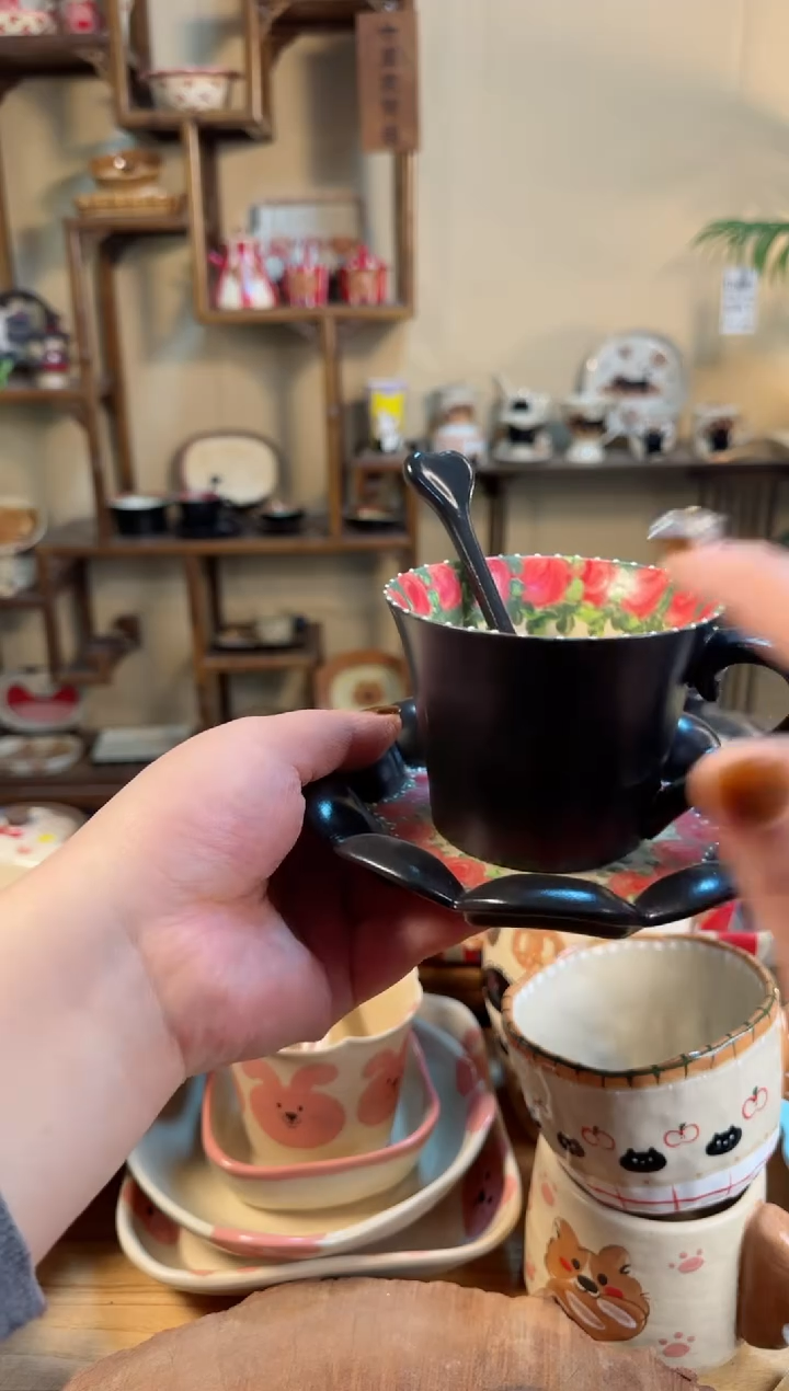 【闪购商品】黑色玫瑰咖啡杯3件高温瓷