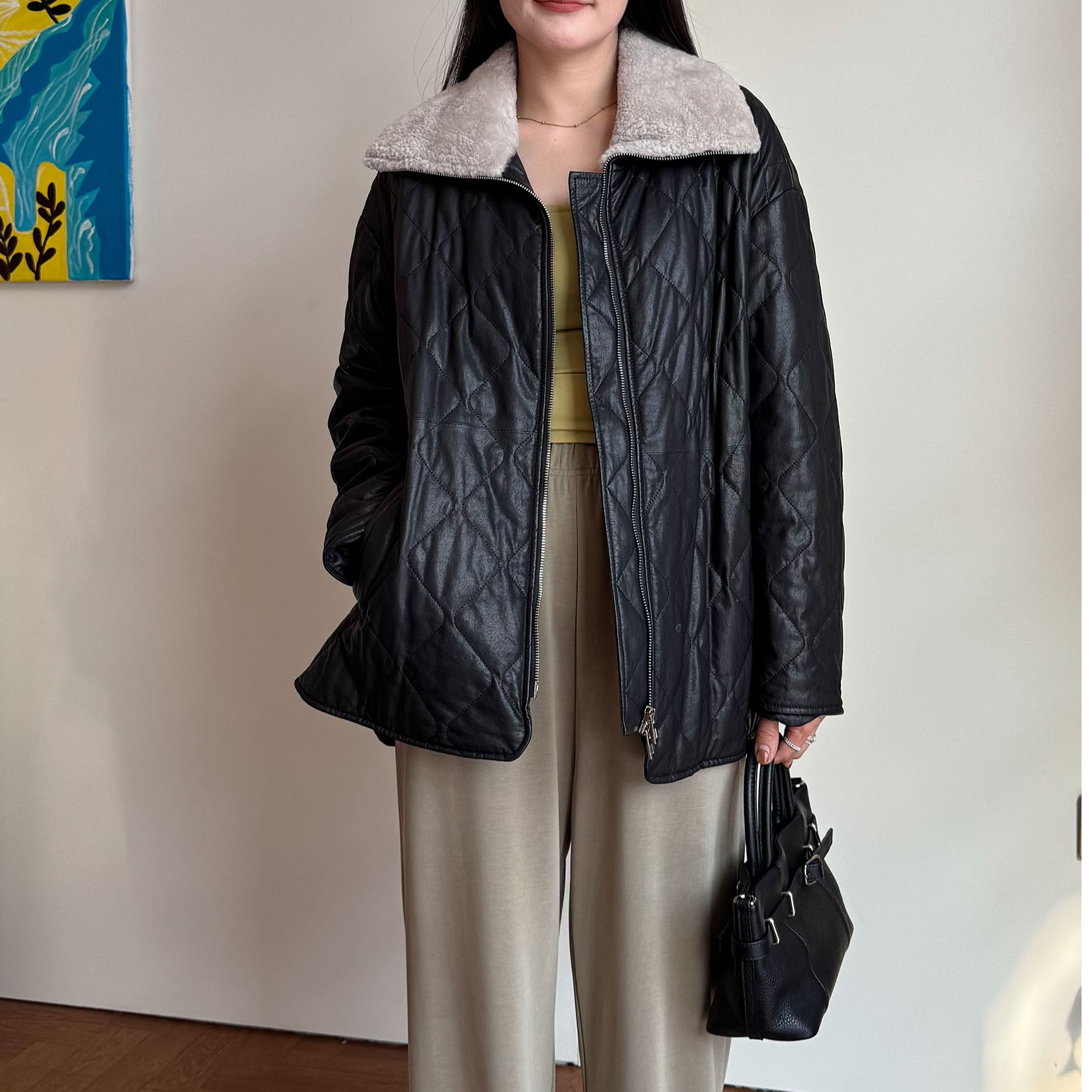 打格植鞣皮绵羊皮夹棉皮衣外套女皮毛一体翻领加棉女2025冬中长款