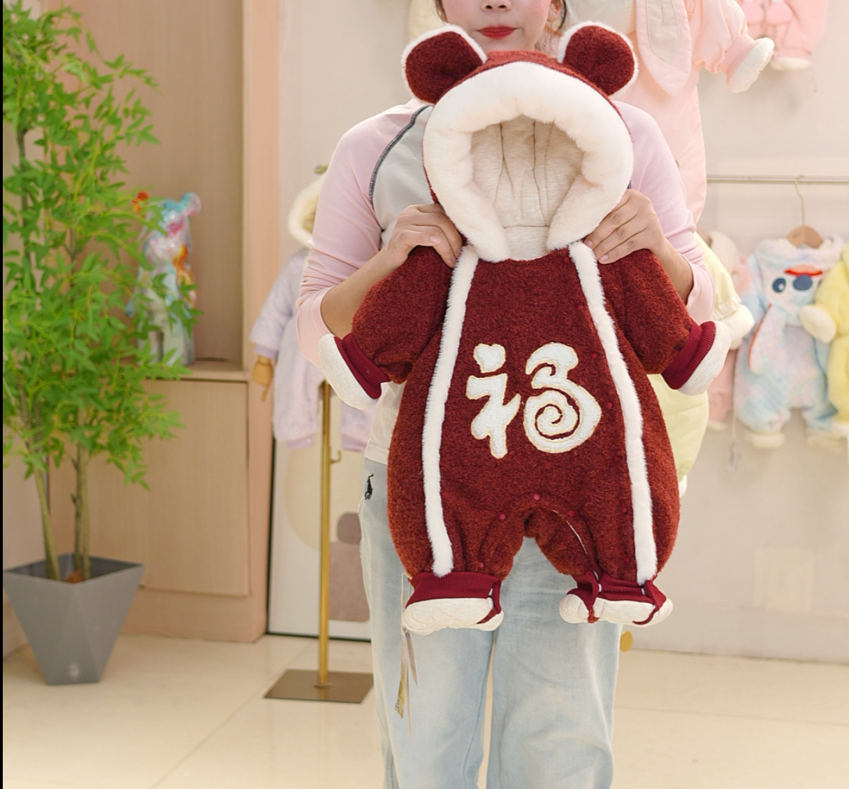 宝宝拜年服过年衣服棉衣婴儿连体衣冬季喜庆刺绣红色周岁礼服满月