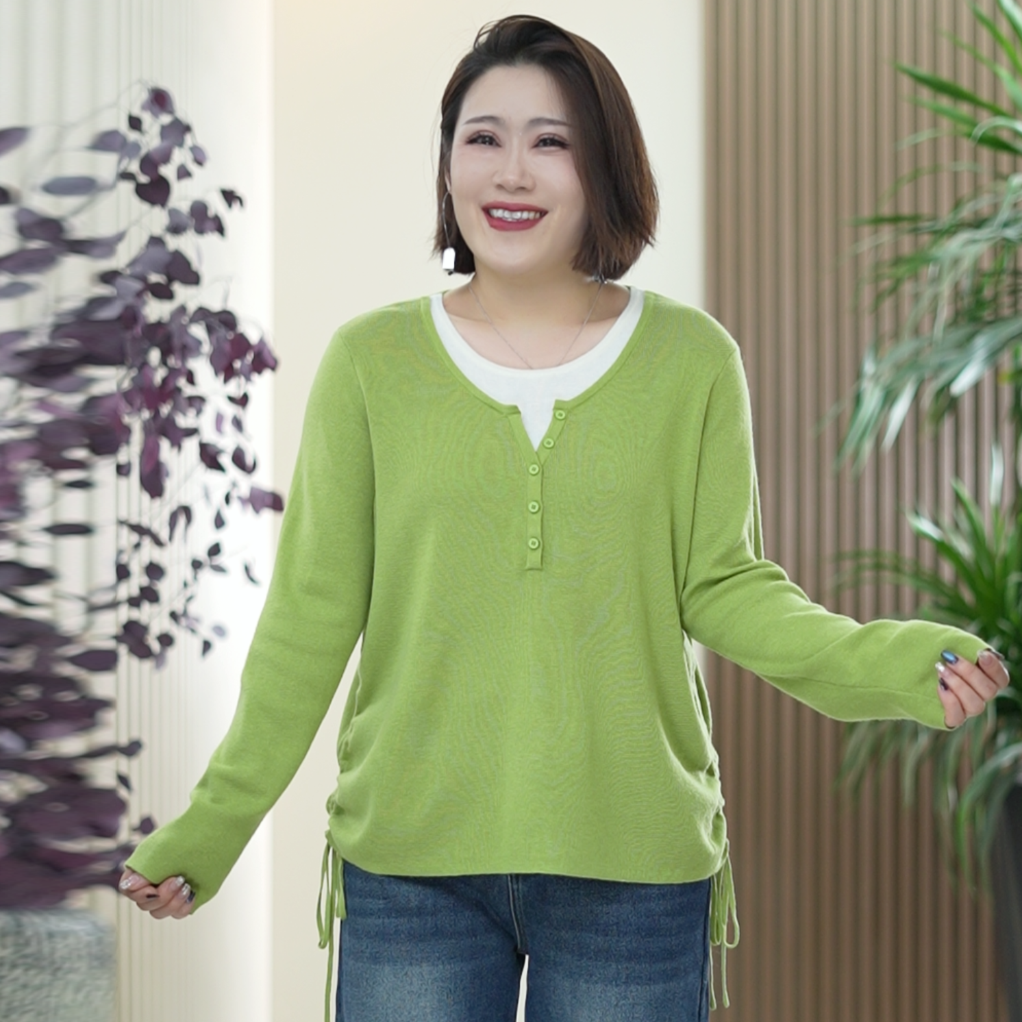 绵羊毛假两件针织衫女大码显瘦衣摆抽绳显瘦打底衫冬季上衣内搭