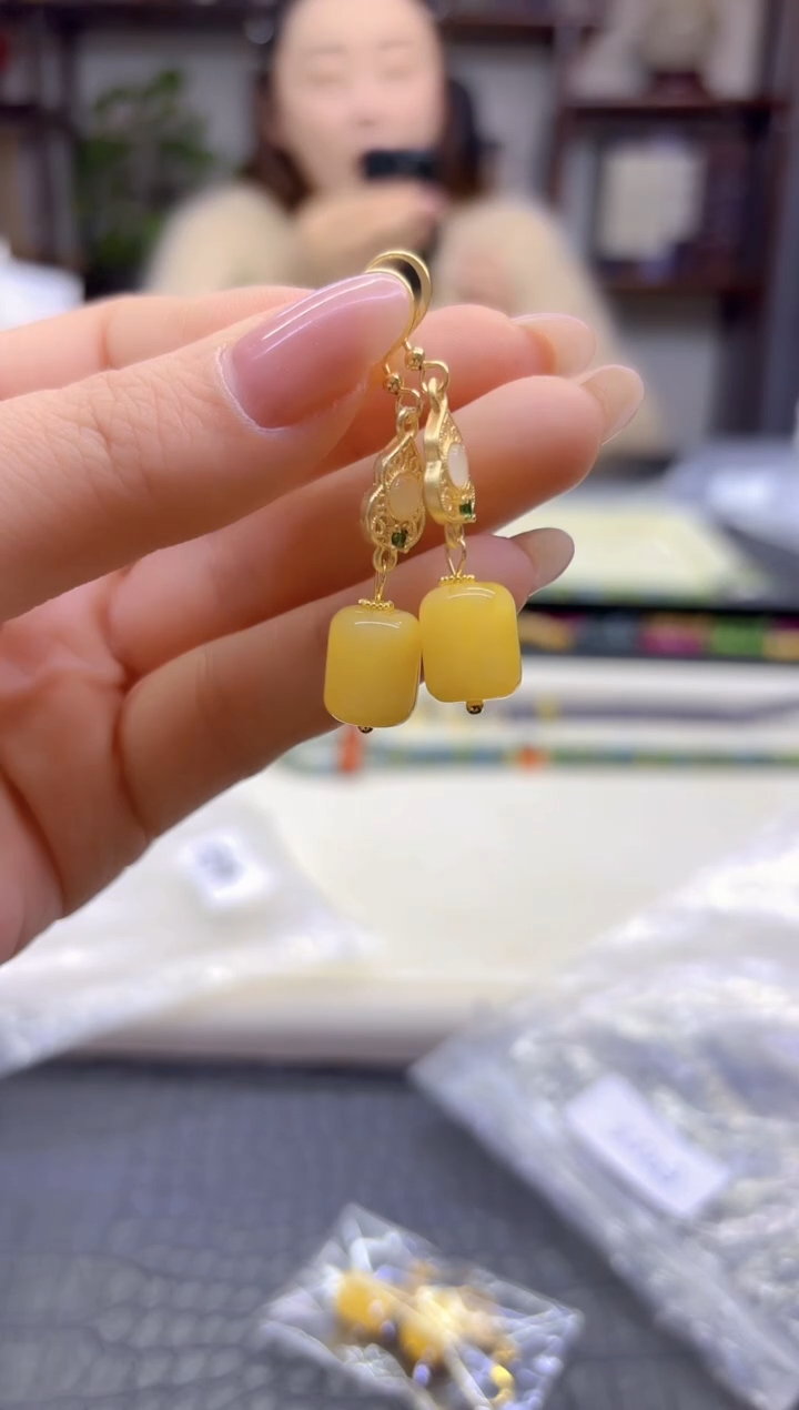 蜜蜡14K金镶嵌耳饰DIY款E956