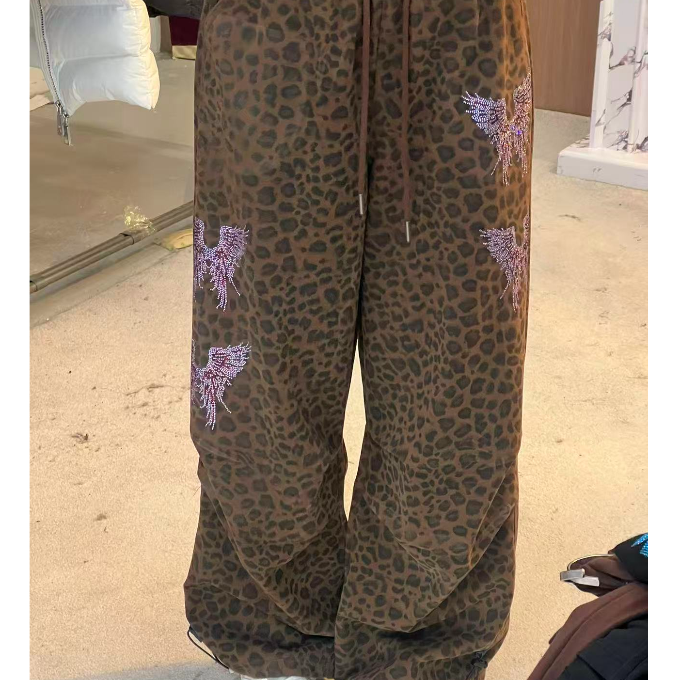 下架款冬慵懒风烫钻时尚淑女豹纹休闲裤女T75D20E1025轻奢tch