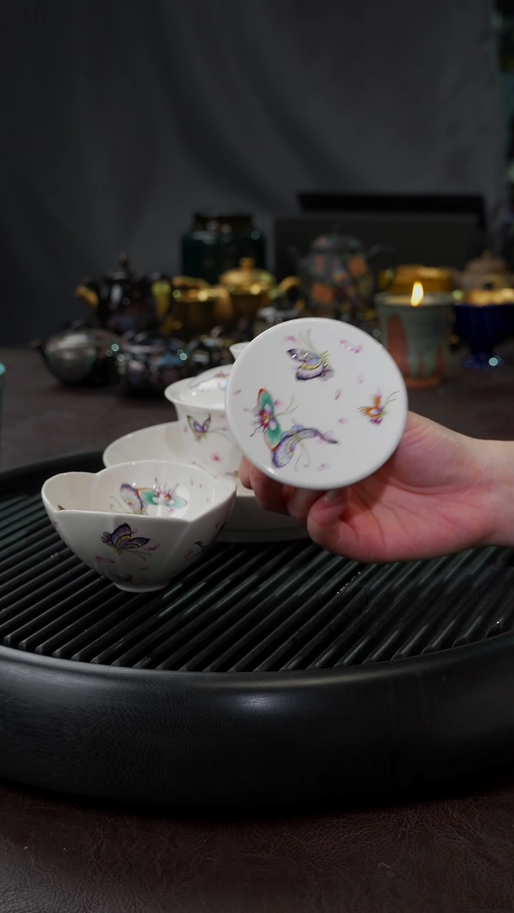 【闪购商品】杯【宜景窑手绘蝶舞】白色盖置