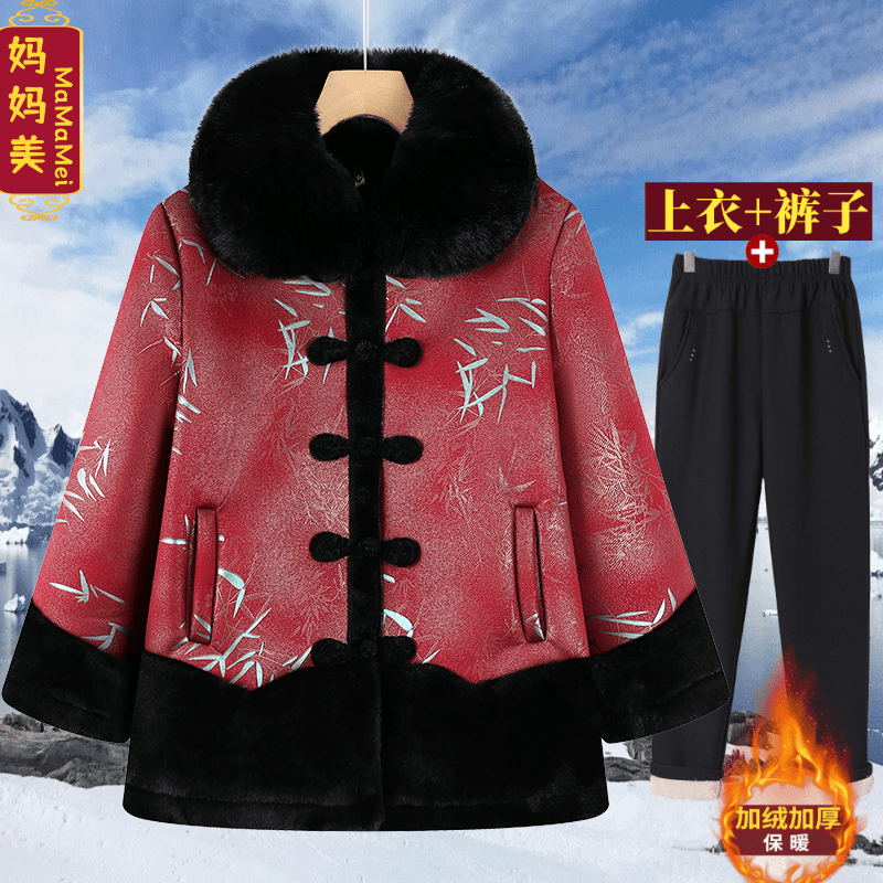 妈妈冬装加绒加厚棉衣宽松大码奶奶装保暖外套老太太中老年人女装
