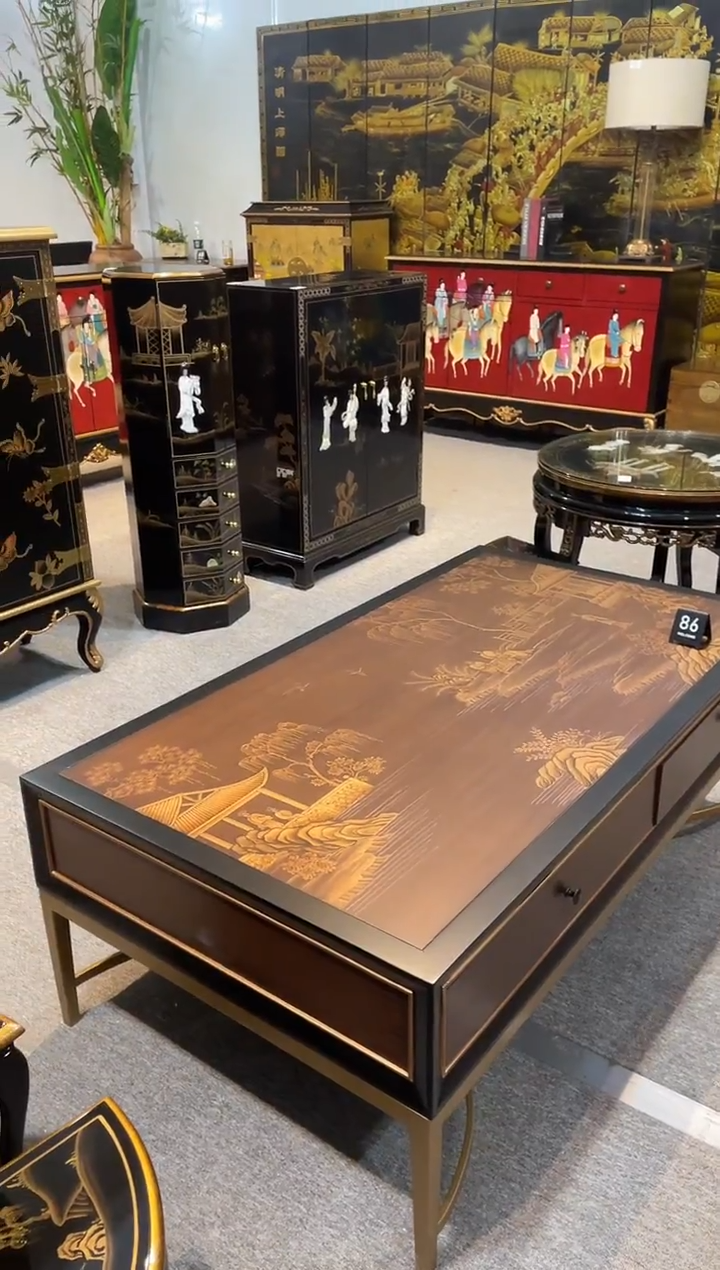 实木贴皮美工彩绘茶几