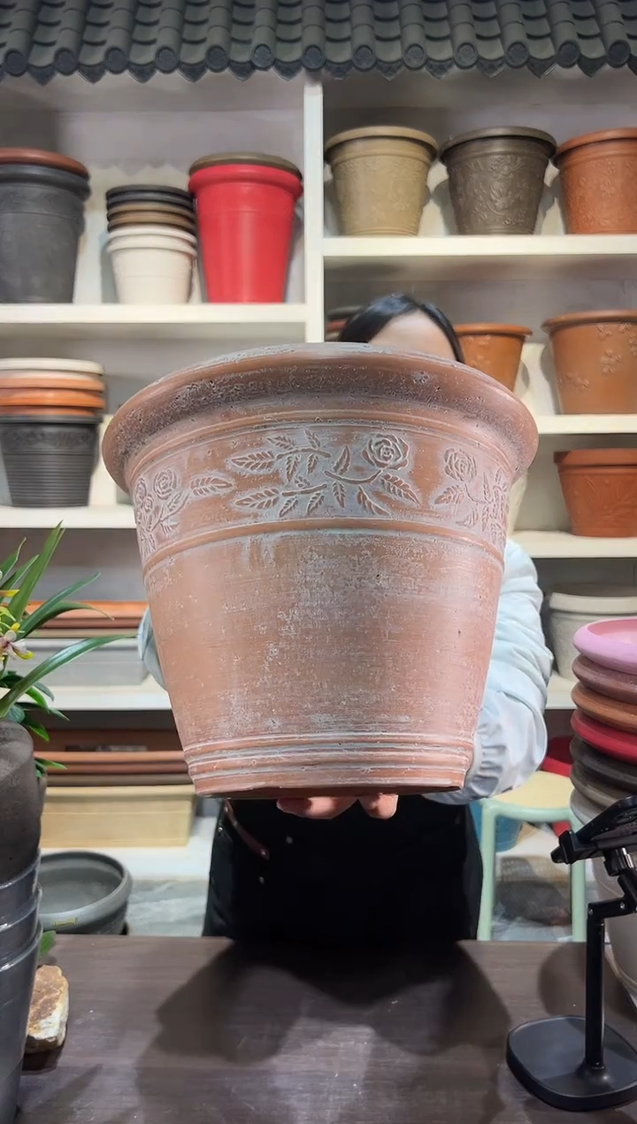 30*24.5/MC30/浅粉刷白/浮雕花盆外贸尾单