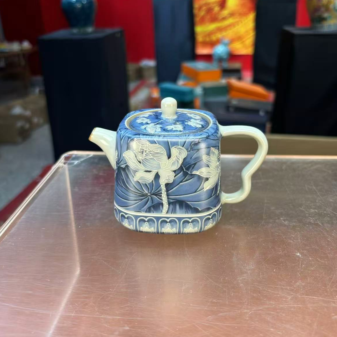 秋香茶具掐丝银蓝彩荷花四方壶-2915-0824