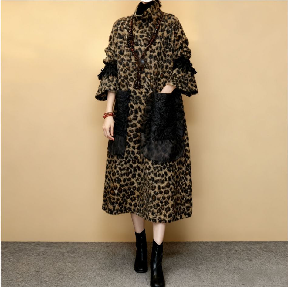 33-豹纹拼接蕾丝大口袋长裙