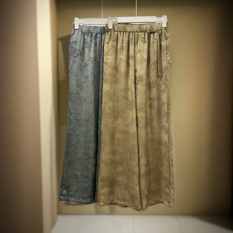 夏季新款新中式国风桑蚕丝提花长裤直筒裤时尚洋气显瘦休闲
