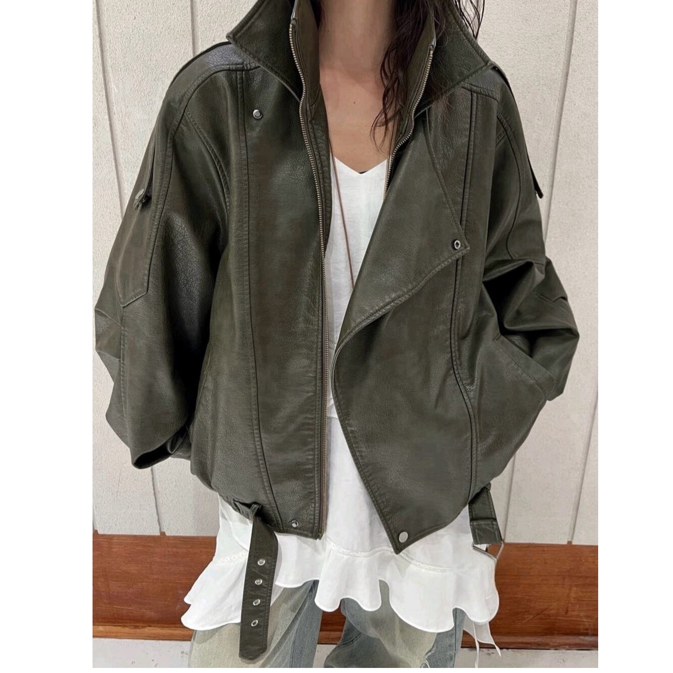 【清】2025冬季新款荔枝纹机车风皮衣外套美式复古夹棉夹克51126-1