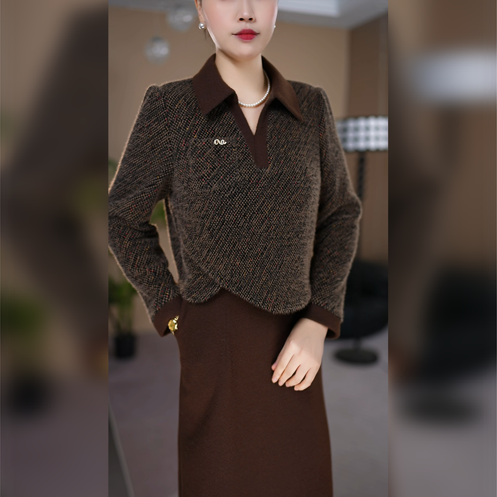 【雪尔绒】2025年冬季新款加绒加厚中长款显白减龄拼接假两件连衣裙