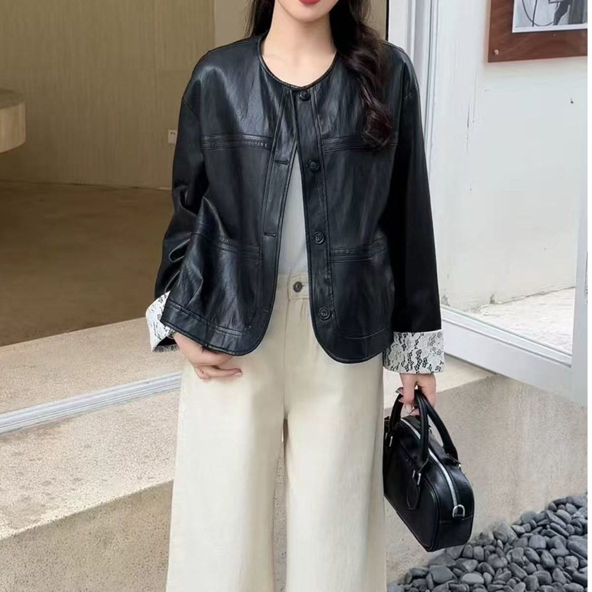 【麦子优选】2025春秋季新款韩版洋气拼接蕾丝皮衣外套