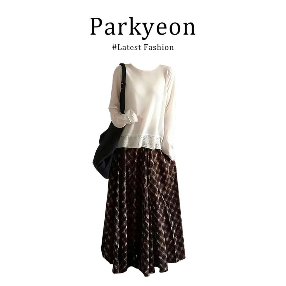 parkyeon早秋季港风三件套设计感镂空长袖针织衫上衣格子半身裙