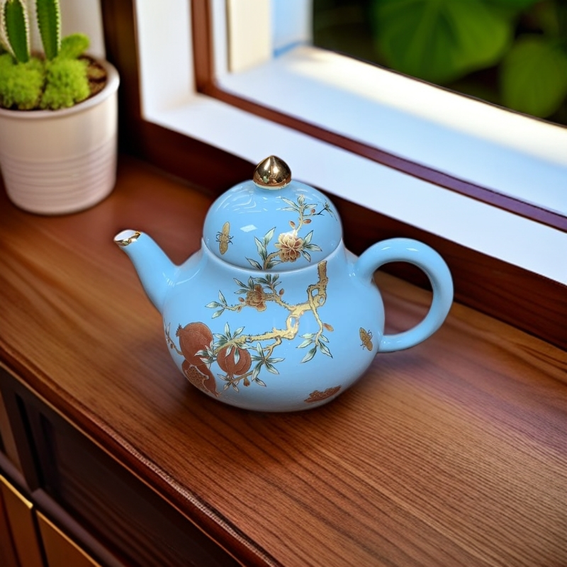 珐琅彩蓝金描金石思亭壶精致手绘1085全手工陶瓷白瓷家用茶具石榴