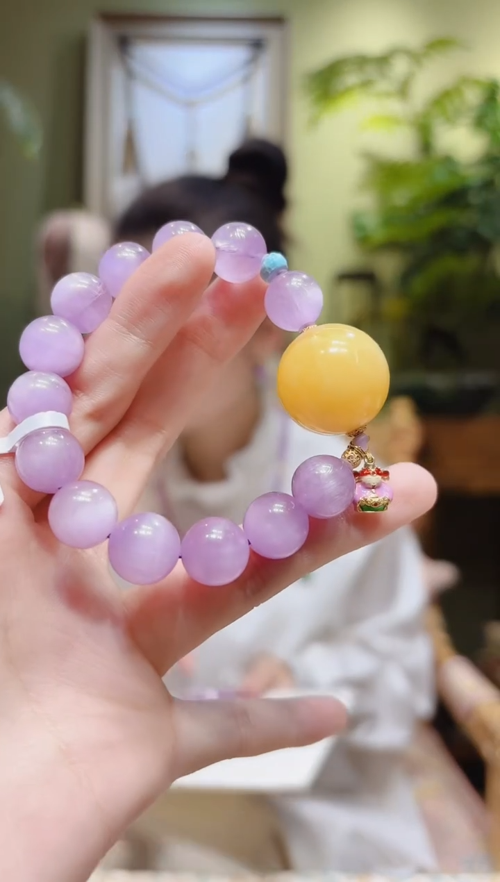 【闪购商品】锂辉石手串18K金镶嵌蜜蜡顶珠财神紫锂辉手串