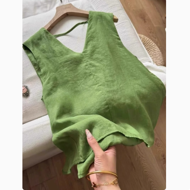 设计感后背扭结V领无袖棉麻背心女夏季新款高级感超好看小衫上衣