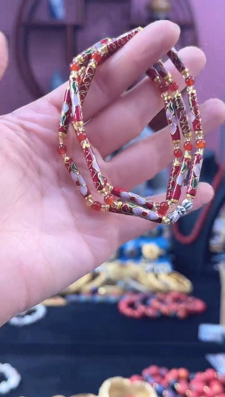 非遗 景泰蓝 竹节 项链 红色