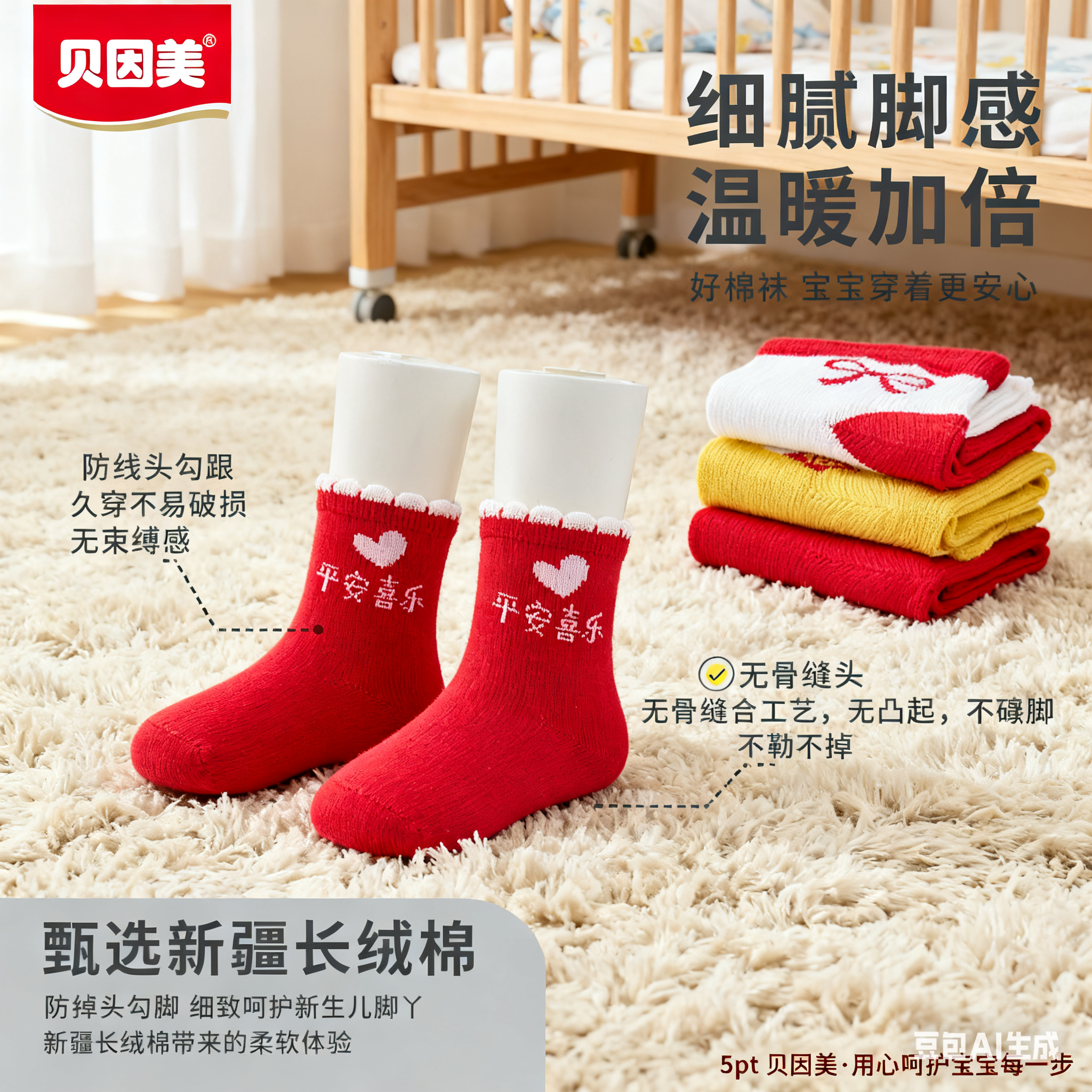 贝因美婴儿绒毛圈袜柔软柔软新生儿加厚温暖新疆长绒棉喜庆红袜子