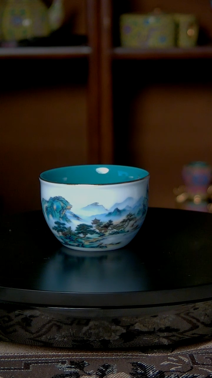 景德镇手工粉彩山水主人杯